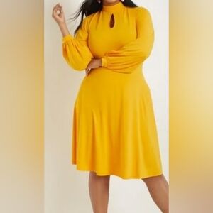 Eloquii Yellow Long Sleeve Keyhole A-Line Dress